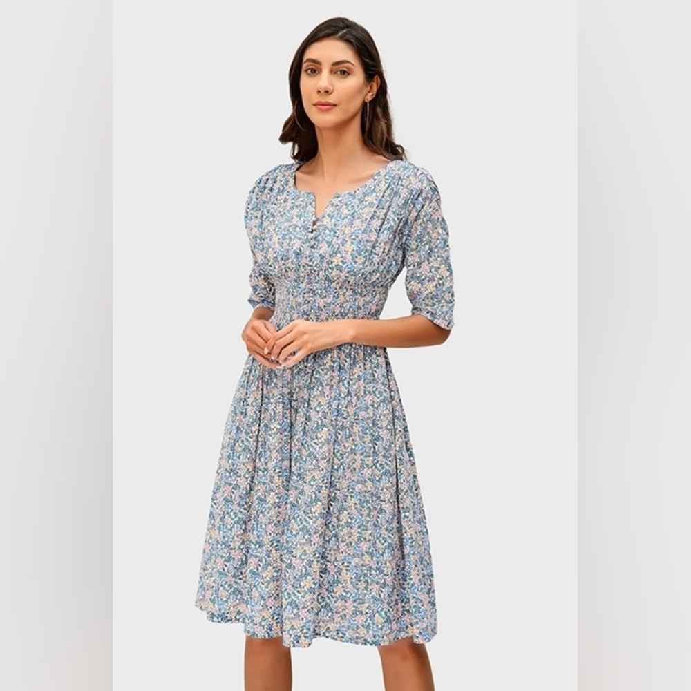 eShakti Blue Floral Midi Dress
